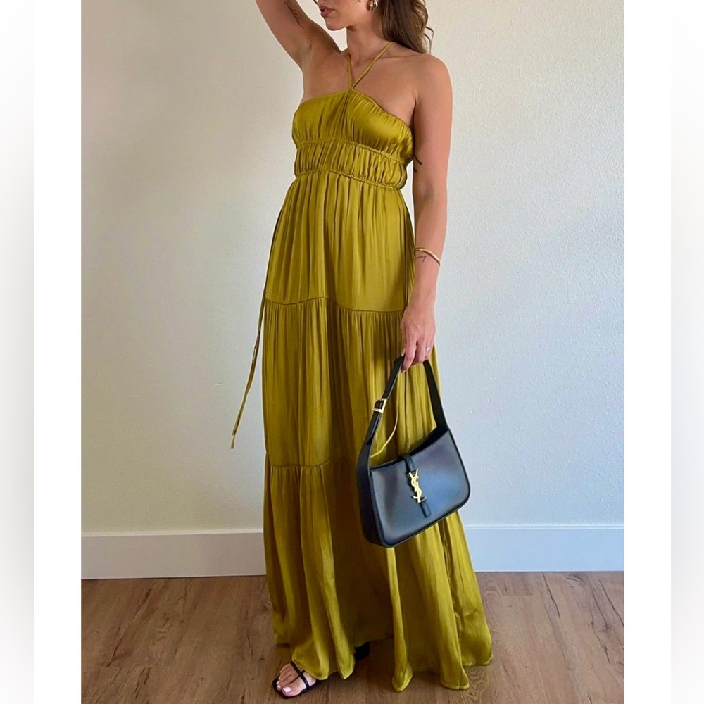 VITTA / Edit By Nine Halter Tiered Maxi Dress Size S Chartreuse Elegant Chic